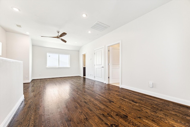 spare room with a ceiling fan, wood finished floors, visible vents, and recessed lighting