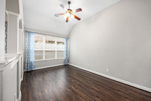 unfurnished room with baseboards, a ceiling fan, lofted ceiling, and hardwood / wood-style floors