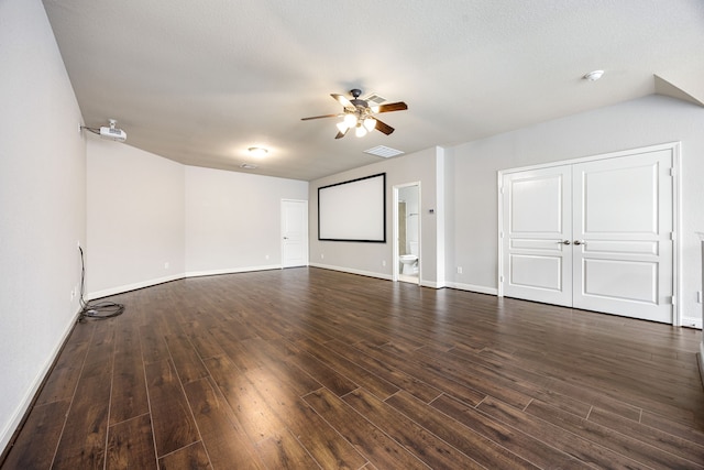 unfurnished living room with visible vents, baseboards, ceiling fan, and wood finished floors