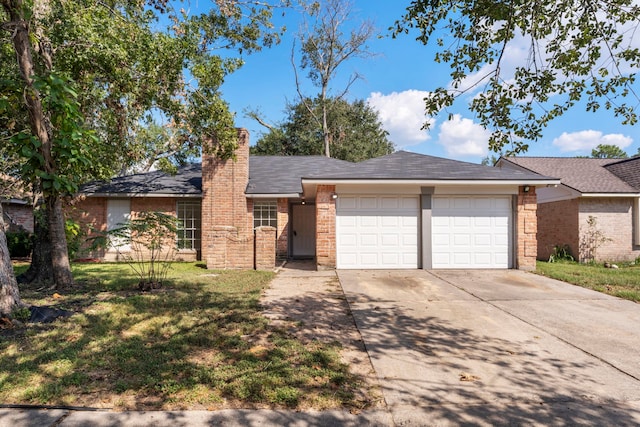 19822 Brightstone Dr, Humble, TX 77338 - ranch-style house featuring an attached garage, concrete driveway, a front lawn, and brick siding