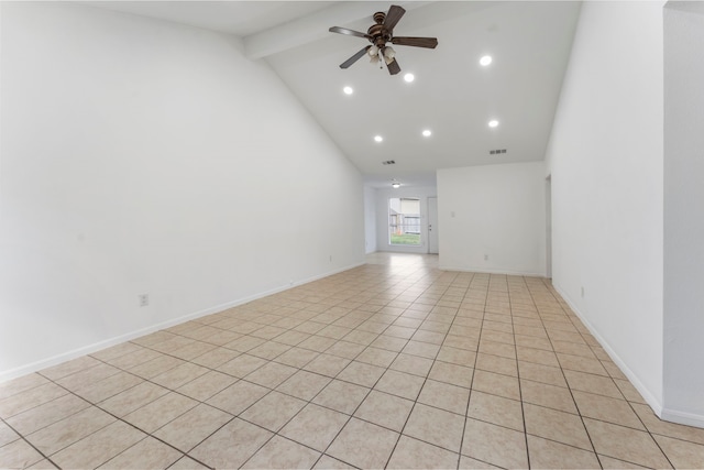 19822 Brightstone Dr, Humble, TX 77338 - unfurnished room with visible vents, baseboards, a ceiling fan, beam ceiling, and high vaulted ceiling