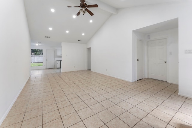 19822 Brightstone Dr, Humble, TX 77338 - unfurnished living room with beamed ceiling, ceiling fan, high vaulted ceiling, and baseboards