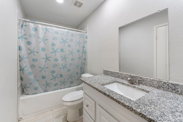 19822 Brightstone Dr, Humble, TX 77338 - full bath with visible vents, toilet, shower / bath combo with shower curtain, vanity, and tile patterned floors