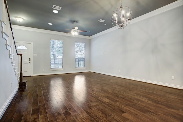 unfurnished living room featuring visible vents, crown molding, wood finished floors, baseboards, and ceiling fan with notable chandelier