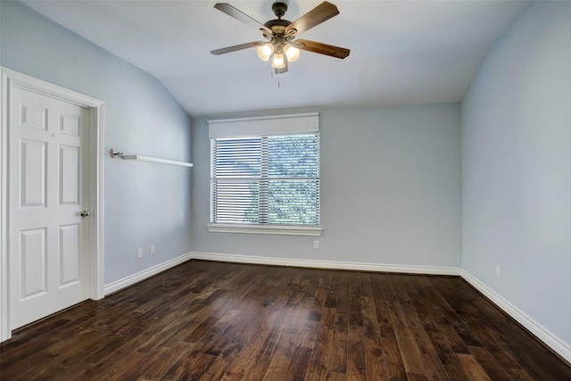 unfurnished room featuring ceiling fan, vaulted ceiling, baseboards, and hardwood / wood-style floors