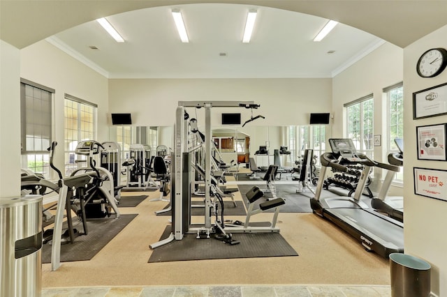exercise room featuring carpet floors, arched walkways, and ornamental molding