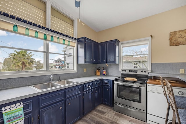 kitchen featuring a sink, stainless steel range with electric stovetop, blue cabinetry, dishwasher, and wood finished floors