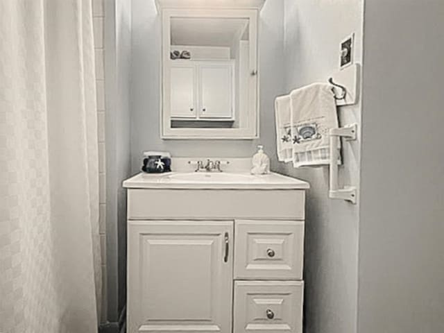 full bathroom featuring a shower with shower curtain and vanity