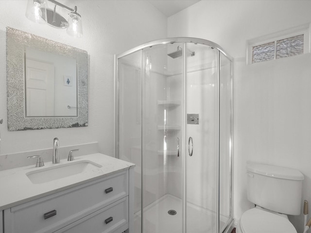 bathroom with vanity, a stall shower, and toilet