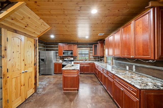 kitchen with light stone countertops, finished concrete floors, a center island, wooden ceiling, and stainless steel appliances