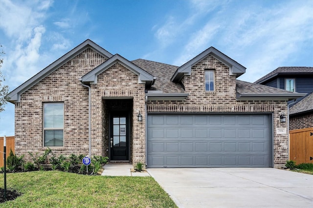 french country inspired facade with concrete driveway, an attached garage, brick siding, and a shingled roof