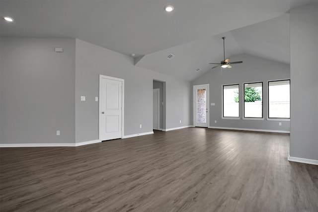 unfurnished living room with dark wood finished floors, baseboards, a ceiling fan, and lofted ceiling