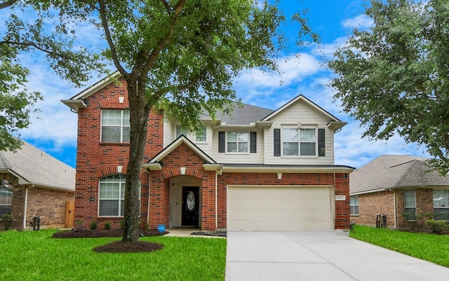 8515 Sweetstone Field Ct, Cypress, TX 77433 - traditional-style house with a garage, driveway, a front yard, and brick siding