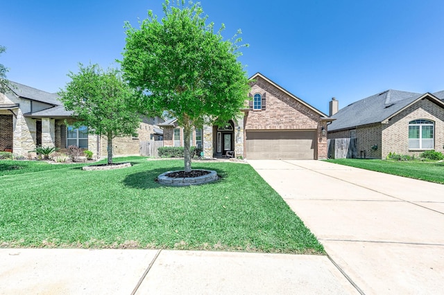 view of front of property with stone siding, driveway, a front yard, and a garage