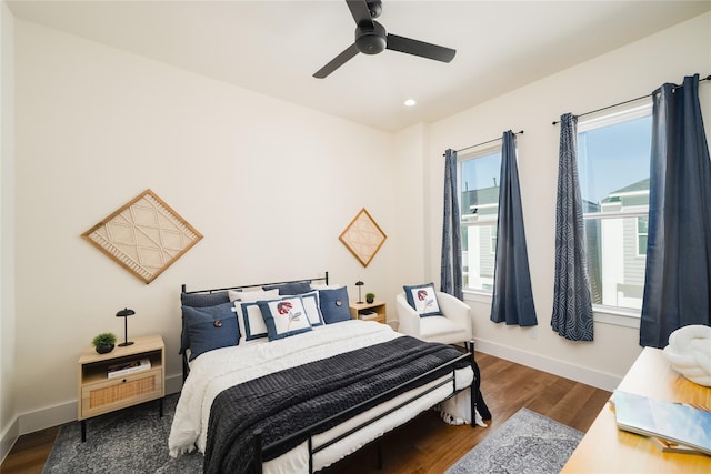 bedroom with recessed lighting, baseboards, a ceiling fan, and wood finished floors