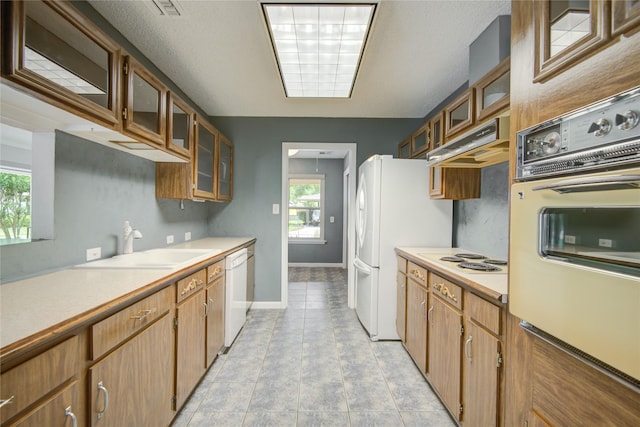 kitchen with a healthy amount of sunlight, white appliances, light countertops, under cabinet range hood, and a sink