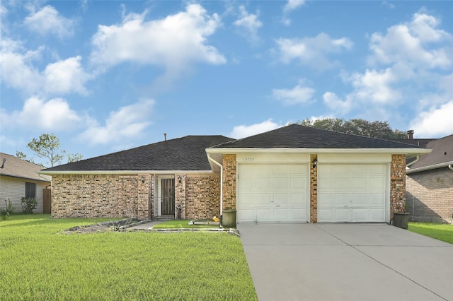 13723 Rocky Bluff Dr, Houston, TX 77085 - single story home featuring a garage, concrete driveway, a front lawn, roof with shingles, and brick siding