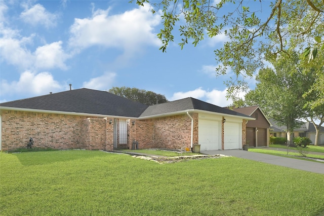 13723 Rocky Bluff Dr, Houston, TX 77085 - ranch-style home with a front lawn, brick siding, a garage, concrete driveway, and a shingled roof