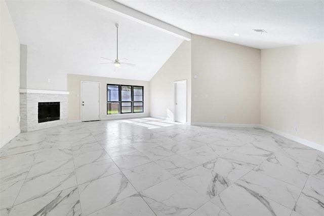 13723 Rocky Bluff Dr, Houston, TX 77085 - unfurnished living room featuring ceiling fan, light marble finish flooring, a fireplace, high vaulted ceiling, and beamed ceiling