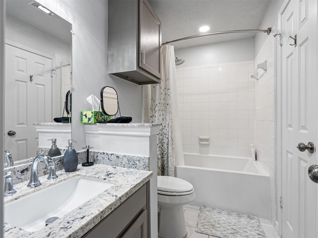 bathroom with vanity, shower / bathtub combination with curtain, tile patterned flooring, and toilet