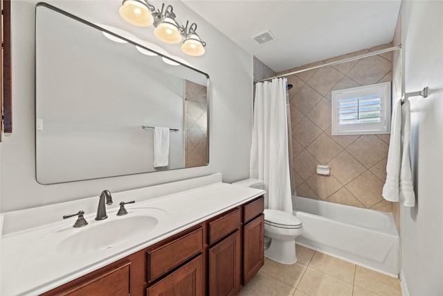 full bath featuring visible vents, toilet, shower / bathtub combination with curtain, vanity, and tile patterned flooring