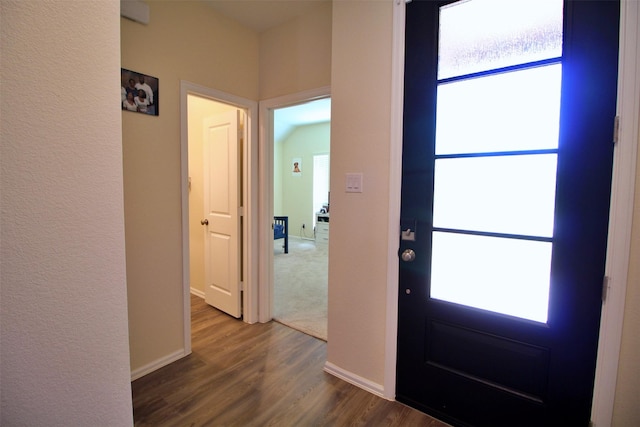 foyer featuring dark wood-style flooring and baseboards