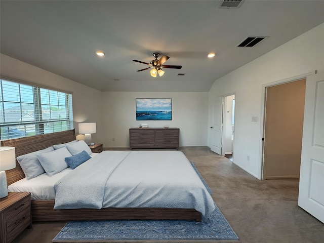 bedroom with ceiling fan, carpet, baseboards, visible vents, and recessed lighting