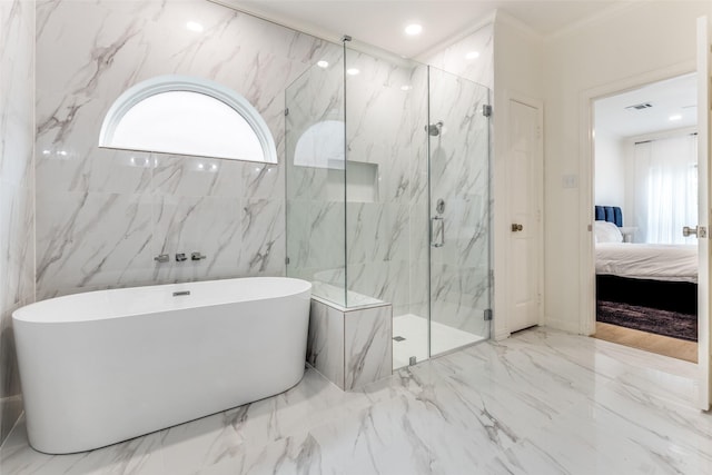 bathroom with ensuite bathroom, visible vents, a freestanding tub, a marble finish shower, and marble finish floor