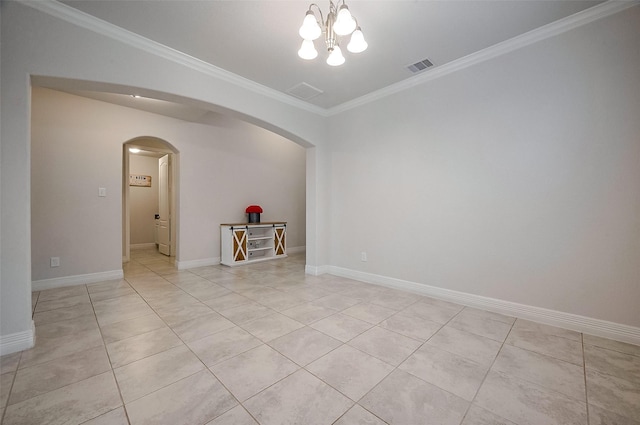 unfurnished room featuring light tile patterned floors, arched walkways, ornamental molding, visible vents, and a chandelier