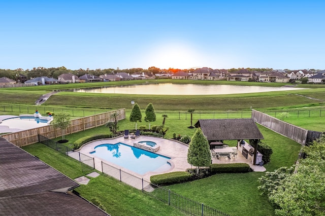1828 Anna Way, Friendswood, TX 77546 - view of swimming pool with a gazebo, a water view, a residential view, an in-ground hot tub, and a patio