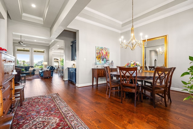 1828 Anna Way, Friendswood, TX 77546 - dining space with dark wood finished floors, a tray ceiling, a chandelier, baseboards, and ceiling fan