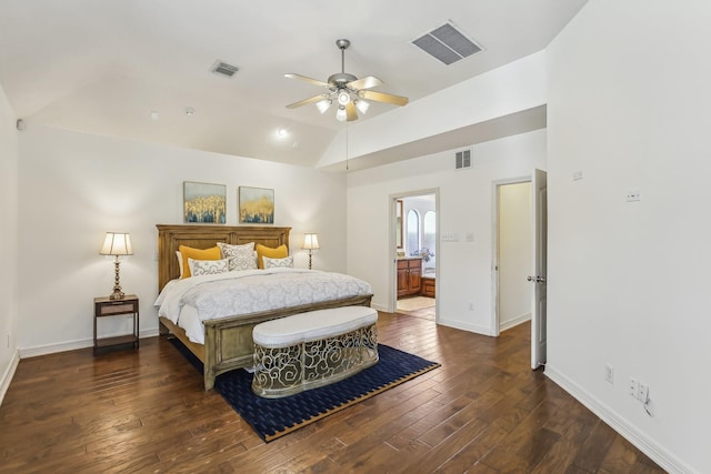 15614 Stone Gables Ln, Houston, TX 77044 - bedroom with hardwood / wood-style floors, baseboards, lofted ceiling, ensuite bath, and ceiling fan