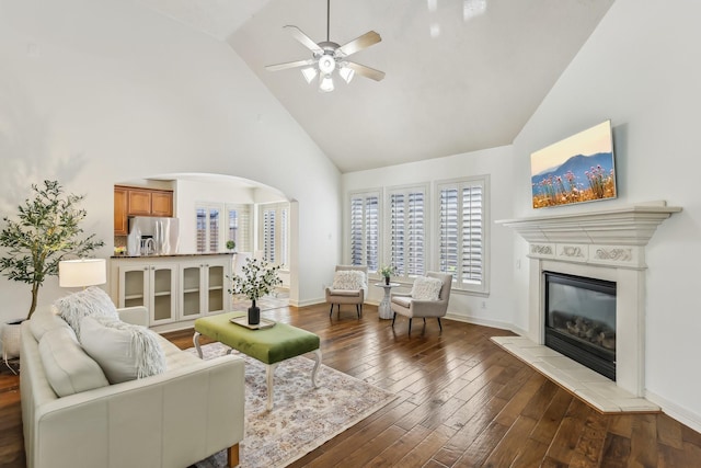 15614 Stone Gables Ln, Houston, TX 77044 - living area featuring high vaulted ceiling, hardwood / wood-style floors, a glass covered fireplace, ceiling fan, and baseboards