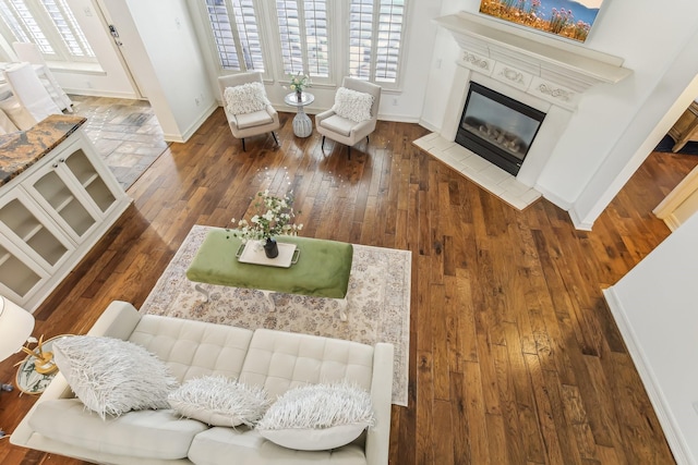 15614 Stone Gables Ln, Houston, TX 77044 - living room with wood-type flooring, baseboards, a glass covered fireplace, and healthy amount of natural light