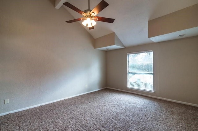 16007 Sierra Vista Dr, Houston, TX 77083 - spare room featuring high vaulted ceiling, a ceiling fan, carpet flooring, baseboards, and beam ceiling