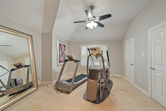 15431 Greens Cove Way, Houston, TX 77059 - exercise area featuring vaulted ceiling, ceiling fan, light colored carpet, and baseboards