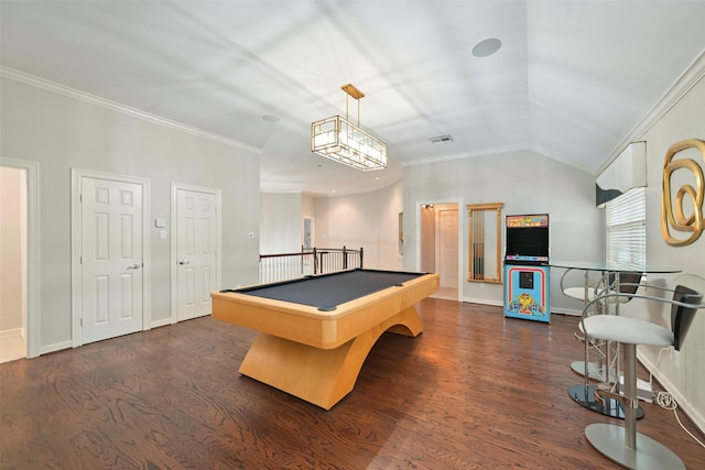 15431 Greens Cove Way, Houston, TX 77059 - rec room with crown molding, dark wood-type flooring, billiards, baseboards, and lofted ceiling