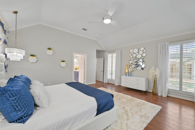 15431 Greens Cove Way, Houston, TX 77059 - bedroom with lofted ceiling, crown molding, baseboards, wood finished floors, and a chandelier