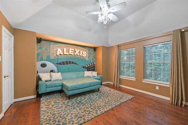 15431 Greens Cove Way, Houston, TX 77059 - bedroom with wood finished floors, vaulted ceiling, baseboards, and ceiling fan