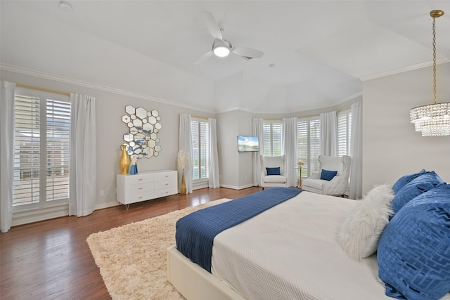 15431 Greens Cove Way, Houston, TX 77059 - bedroom with a chandelier, wood finished floors, lofted ceiling, crown molding, and baseboards