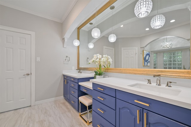 15431 Greens Cove Way, Houston, TX 77059 - full bath with crown molding, marble look tile flooring, vanity, recessed lighting, and baseboards