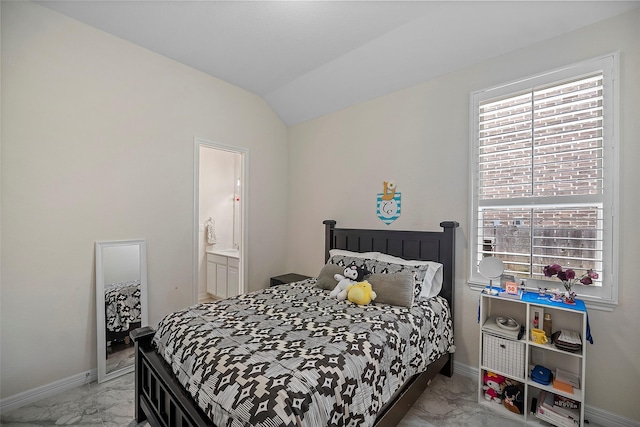 bedroom with marble finish floor, baseboards, and lofted ceiling