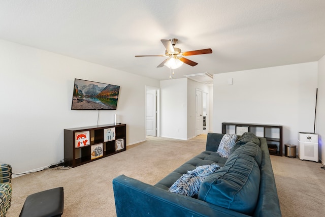 12420 Southern Trail Ct, Magnolia, TX 77354 - living area with ceiling fan, attic access, light carpet, and baseboards