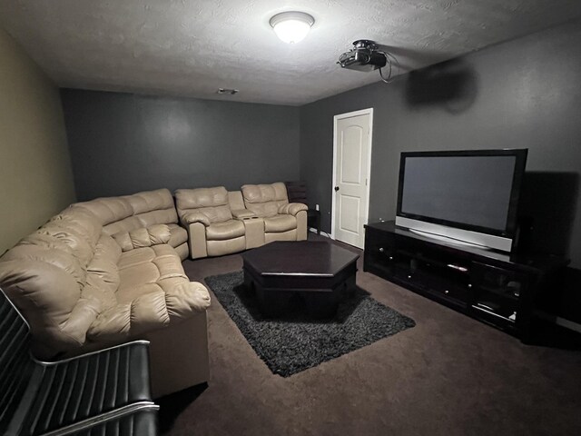 living room with a textured ceiling and carpet
