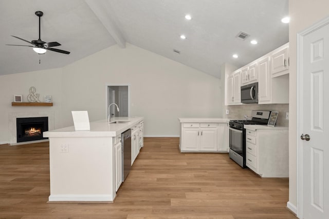 17311 Lowick St, Spring, TX 77379 - kitchen featuring stainless steel appliances, a sink, ceiling fan, light wood-style flooring, and light countertops