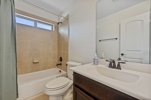 bathroom with toilet, vanity, and shower / bath combination with curtain