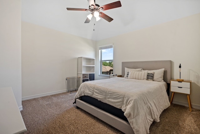 bedroom featuring carpet flooring, baseboards, and ceiling fan