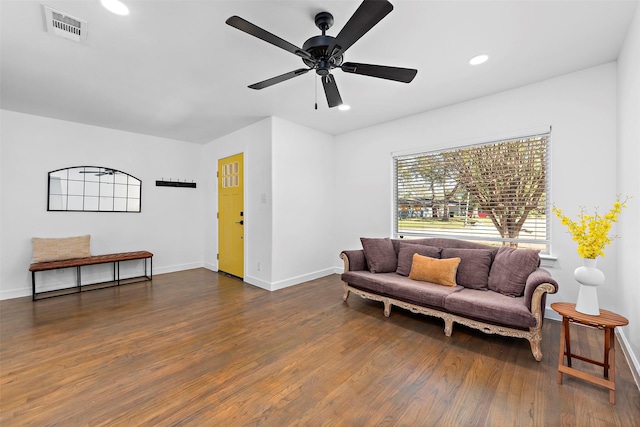 sitting room featuring recessed lighting, visible vents, baseboards, and wood finished floors