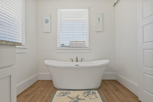 bathroom with a freestanding tub, wood finished floors, and a wealth of natural light