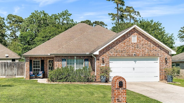 11926 Brightwood Dr, Montgomery, TX 77356 - view of front facade featuring concrete driveway, a front yard, a garage, and brick siding